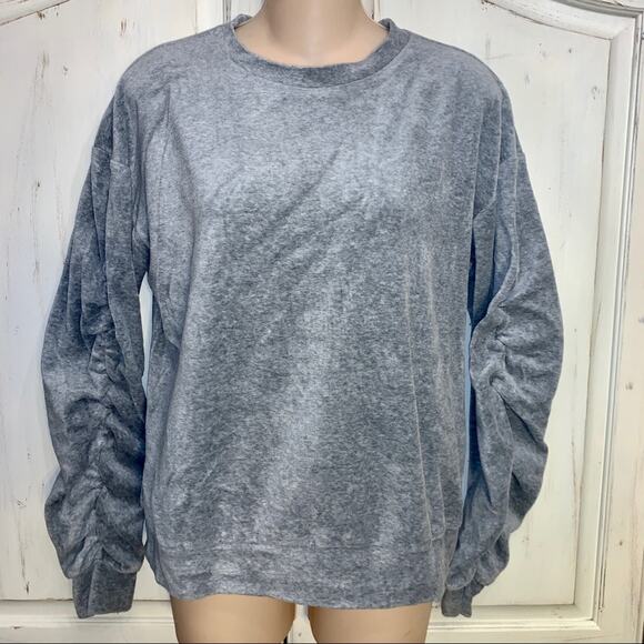 NWOT GRAY VELVET VELOURS RUCHED SLEEVE SWEATSHIRT - Picture 1 of 8